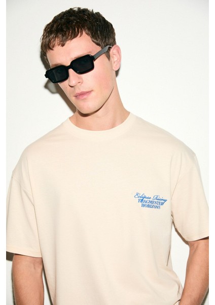 VEYRON Erkek %100 Pamuk Oversize Fit Baskılı Kısa Kollu Yuvarlak Yakalı Vanilya T-Shirt modelleri