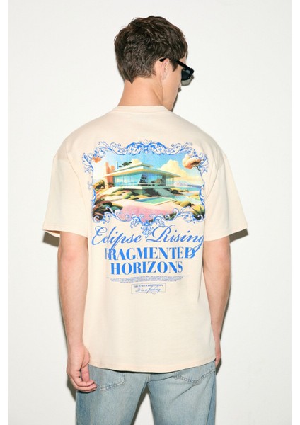 VEYRON Erkek %100 Pamuk Oversize Fit Baskılı Kısa Kollu Yuvarlak Yakalı Vanilya T-Shirt