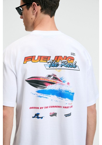 DELIGHT Erkek %100 Pamuk Oversize Fit Baskılı Kısa Kollu Yuvarlak Yakalı Beyaz T-Shirt