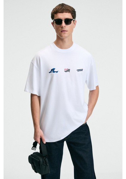 DELIGHT Erkek %100 Pamuk Oversize Fit Baskılı Kısa Kollu Yuvarlak Yakalı Beyaz T-Shirt fiyatları