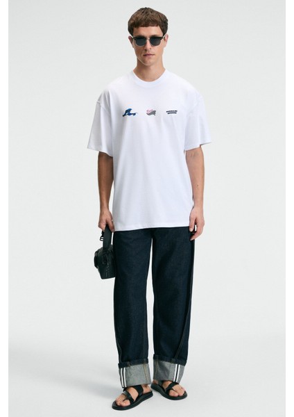 DELIGHT Erkek %100 Pamuk Oversize Fit Baskılı Kısa Kollu Yuvarlak Yakalı Beyaz T-Shirt fırsatları