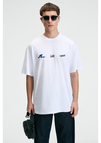DELIGHT Erkek %100 Pamuk Oversize Fit Baskılı Kısa Kollu Yuvarlak Yakalı Beyaz T-Shirt indirimleri