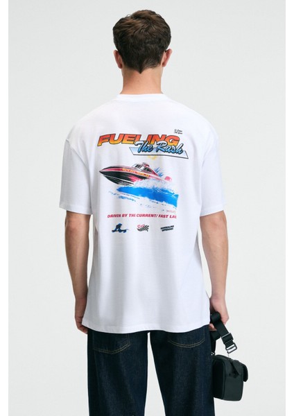 DELIGHT Erkek %100 Pamuk Oversize Fit Baskılı Kısa Kollu Yuvarlak Yakalı Beyaz T-Shirt