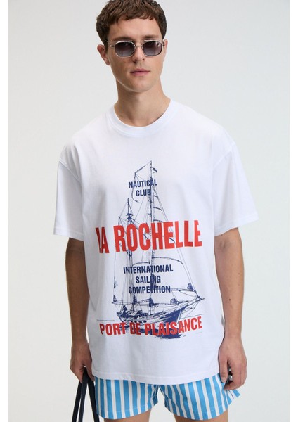 CRUNCH Erkek Oversize %100 Pamuk Baskılı Yuvarlak Yaka Beyaz T-Shirt