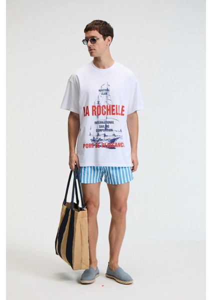 CRUNCH Erkek Oversize %100 Pamuk Baskılı Yuvarlak Yaka Beyaz T-Shirt fırsatları