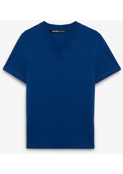 ALINE Kadın %100 organik Pamuk Derin V Yakalı Comfort Fit Petrol Mavisi T-Shirt