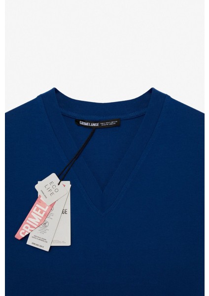 ALINE Kadın %100 organik Pamuk Derin V Yakalı Comfort Fit Petrol Mavisi T-Shirt fiyatları