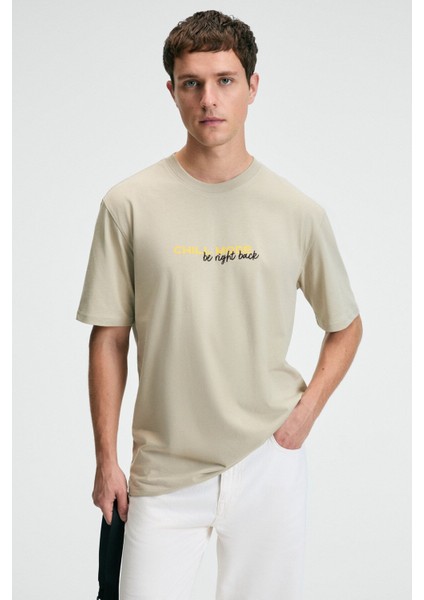FRESH Erkek %100 Pamuk Oversize Fit Baskılı Kısa Kollu Yuvarlak Yakalı Taş Rengi T-Shirt