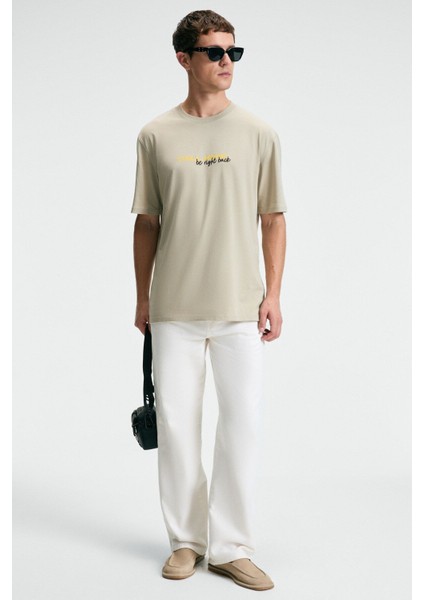 FRESH Erkek %100 Pamuk Oversize Fit Baskılı Kısa Kollu Yuvarlak Yakalı Taş Rengi T-Shirt fırsatları