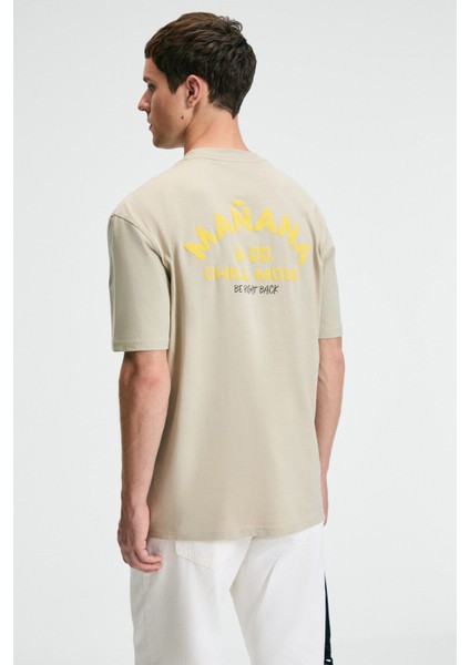 FRESH Erkek %100 Pamuk Oversize Fit Baskılı Kısa Kollu Yuvarlak Yakalı Taş Rengi T-Shirt indirimleri