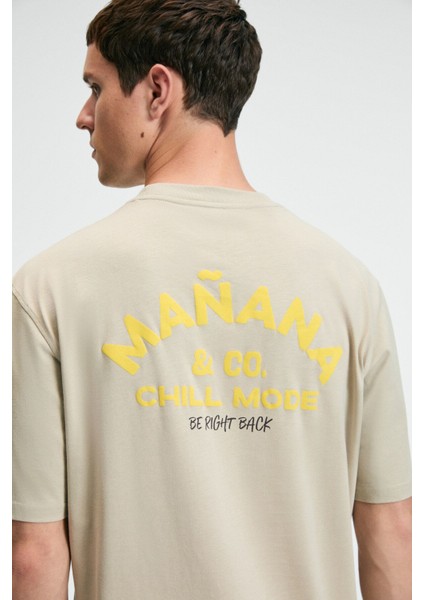 FRESH Erkek %100 Pamuk Oversize Fit Baskılı Kısa Kollu Yuvarlak Yakalı Taş Rengi T-Shirt