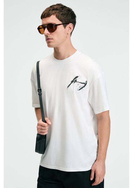POP Erkek %100 Pamuk Oversize Fit Baskılı Kısa Kollu Yuvarlak Yakalı Ekru T-Shirt modelleri