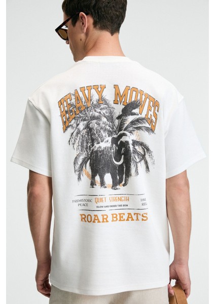 YUM Erkek Oversize Baskılı Yuvarlak Yaka Ekru T-Shirt