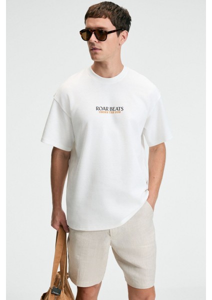 YUM Erkek Oversize Baskılı Yuvarlak Yaka Ekru T-Shirt fiyatları