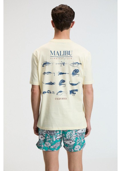 SAVOR Erkek Oversize %100 Pamuk Baskılı Yuvarlak Yaka Sarı T-Shirt