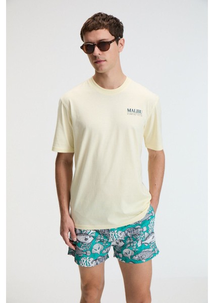 SAVOR Erkek Oversize %100 Pamuk Baskılı Yuvarlak Yaka Sarı T-Shirt fiyatları