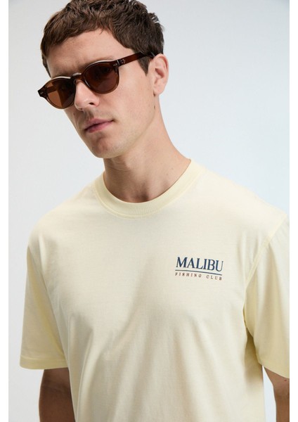 SAVOR Erkek Oversize %100 Pamuk Baskılı Yuvarlak Yaka Sarı T-Shirt modelleri