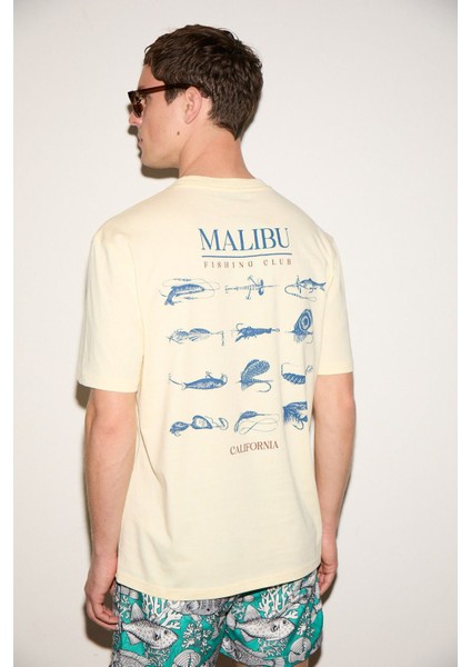 SAVOR Erkek Oversize %100 Pamuk Baskılı Yuvarlak Yaka Sarı T-Shirt