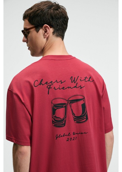 TREAT Erkek Oversize %100 Pamuk Baskılı Yuvarlık Yaka Kırmızı T-Shirt