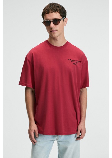 TREAT Erkek Oversize %100 Pamuk Baskılı Yuvarlık Yaka Kırmızı T-Shirt fiyatları