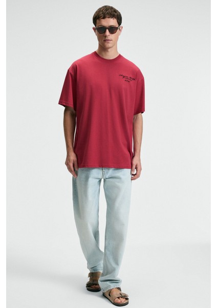 TREAT Erkek Oversize %100 Pamuk Baskılı Yuvarlık Yaka Kırmızı T-Shirt fırsatları