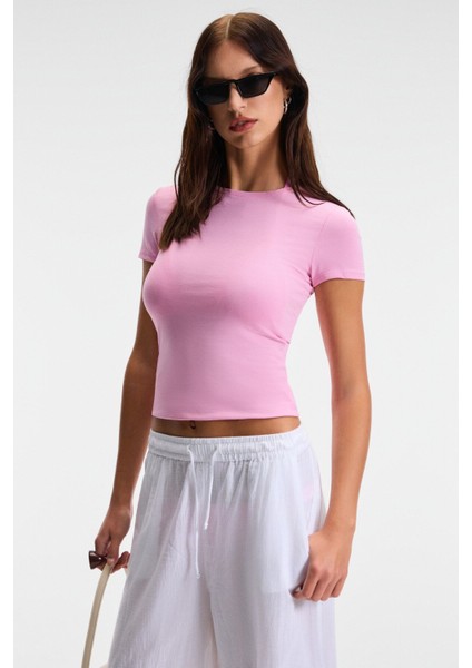 TARELIA Kadın Bisiklet Yaka Kısa Kollu Slim Pembe T-Shirt fiyatları