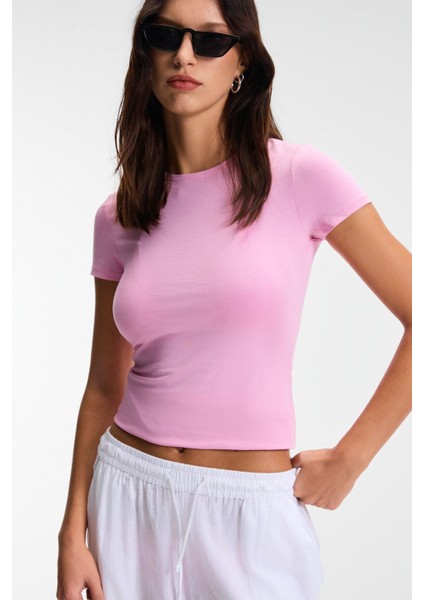 TARELIA Kadın Bisiklet Yaka Kısa Kollu Slim Pembe T-Shirt modelleri