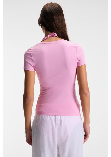 TARELIA Kadın Bisiklet Yaka Kısa Kollu Slim Pembe T-Shirt indirimleri