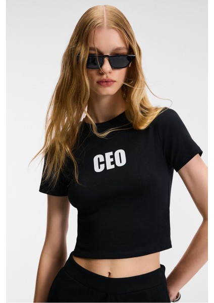 VELINA Kadın Bisiklet Yaka Kısa Kollu Önü Baskılı Slim Siyah T-Shirt fiyatları