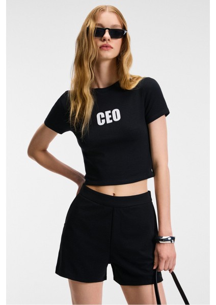VELINA Kadın Bisiklet Yaka Kısa Kollu Önü Baskılı Slim Siyah T-Shirt modelleri