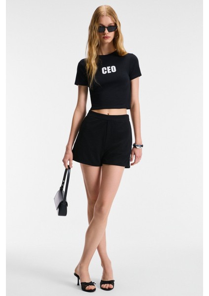 VELINA Kadın Bisiklet Yaka Kısa Kollu Önü Baskılı Slim Siyah T-Shirt fırsatları