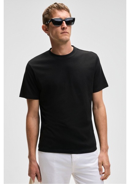 Mocassın Erkek %100 Pamuk Relaxed Fit Yuvarlak Yaka Kısa Kollu Siyah T-shirt