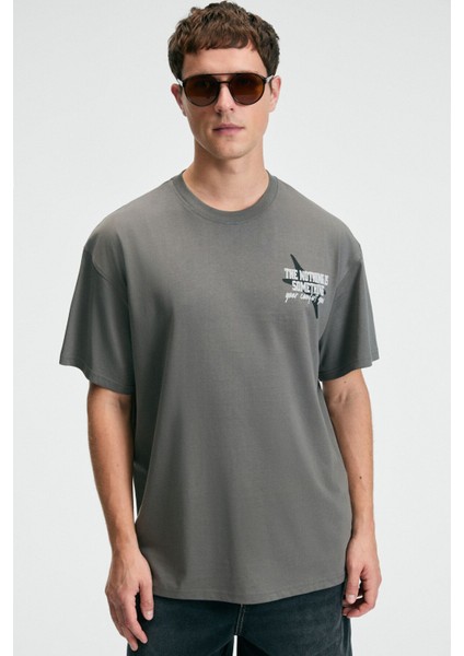 FEAST Erkek %100 Pamuk Oversize Fit Baskılı Kısa Kollu Yuvarlak Yakalı Gri T-Shirt modelleri