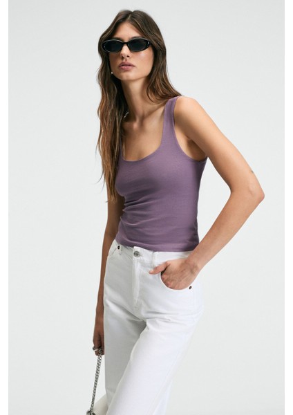 Sanukı Kadın Slim Kısa Oyuk Yaka Mor Bluz modelleri