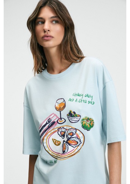 NITZA Kadın %100 Pamuk Oversize Bisiklet Yaka Mavi T-Shirt