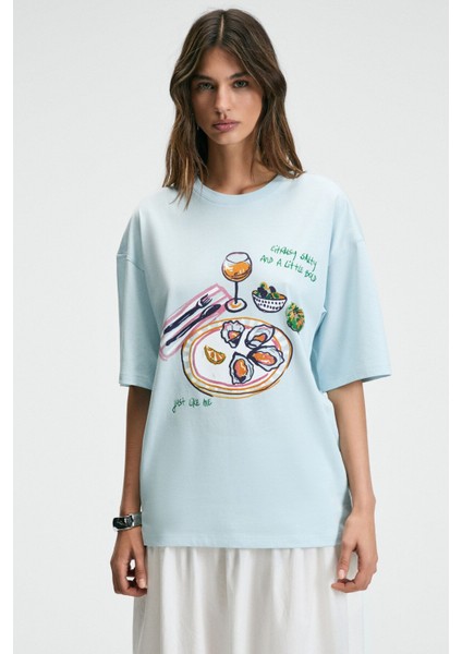 NITZA Kadın %100 Pamuk Oversize Bisiklet Yaka Mavi T-Shirt fiyatları