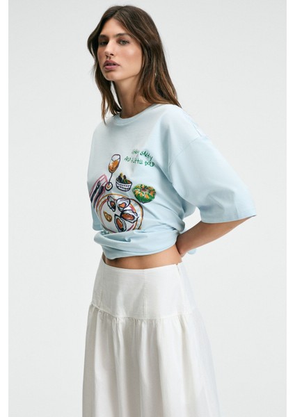 NITZA Kadın %100 Pamuk Oversize Bisiklet Yaka Mavi T-Shirt fırsatları