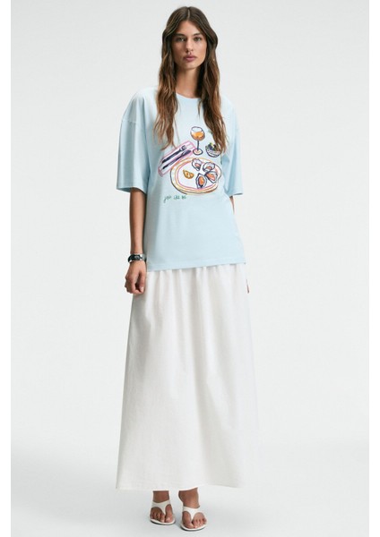 NITZA Kadın %100 Pamuk Oversize Bisiklet Yaka Mavi T-Shirt indirimleri