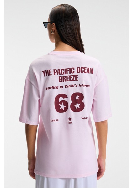 Tavena Kadın Pamuk Baskılı Oversize Fit Kısa Kollu Yuvarlak Yaka Pembe T-Shirt