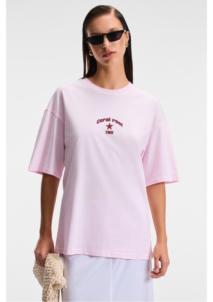 Tavena Kadın Pamuk Baskılı Oversize Fit Kısa Kollu Yuvarlak Yaka Pembe T-Shirt fiyatları