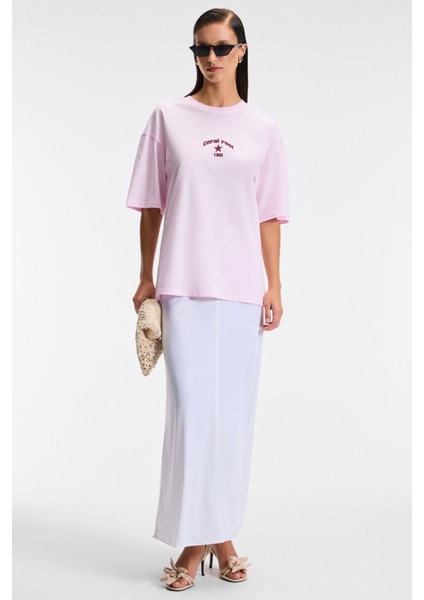 Tavena Kadın Pamuk Baskılı Oversize Fit Kısa Kollu Yuvarlak Yaka Pembe T-Shirt modelleri