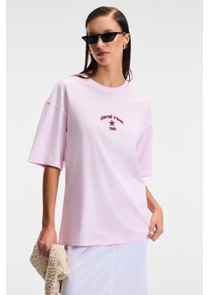 Tavena Kadın Pamuk Baskılı Oversize Fit Kısa Kollu Yuvarlak Yaka Pembe T-Shirt fırsatları