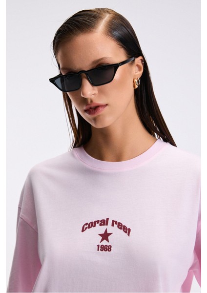 Tavena Kadın Pamuk Baskılı Oversize Fit Kısa Kollu Yuvarlak Yaka Pembe T-Shirt indirimleri