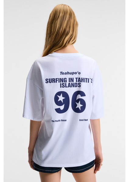 Tavena Kadın Pamuk Baskılı Oversize Fit Kısa Kollu Yuvarlak Yaka Beyaz T-Shirt