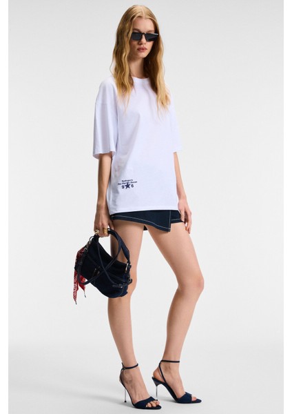 Tavena Kadın Pamuk Baskılı Oversize Fit Kısa Kollu Yuvarlak Yaka Beyaz T-Shirt modelleri