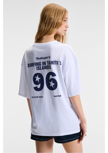 Tavena Kadın Pamuk Baskılı Oversize Fit Kısa Kollu Yuvarlak Yaka Beyaz T-Shirt indirimleri