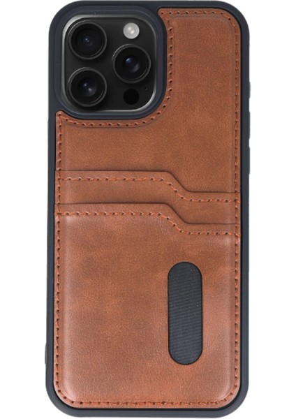 Newface iPhone 15 Pro Max Kılıf Sara Kartvizitli Deri Kılıf - Taba
