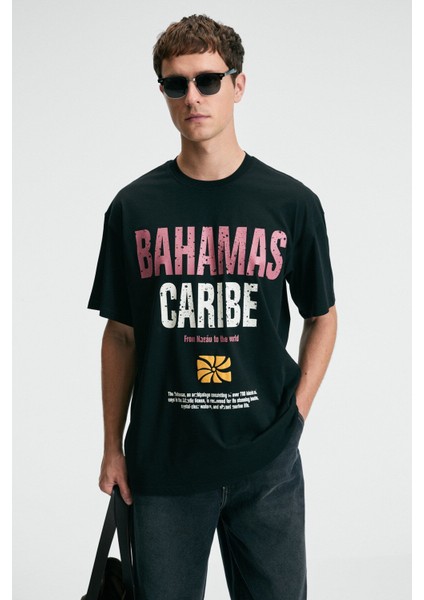 NIBBLE Erkek Oversize %100 Pamuk Baskılı Yuvarlak Yaka Siyah T-Shirt