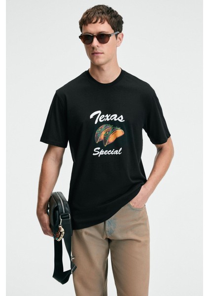 CRISP Erkek Oversize %100 Pamuk Baskılı Yuvarlak Yaka Siyah T-Shirt