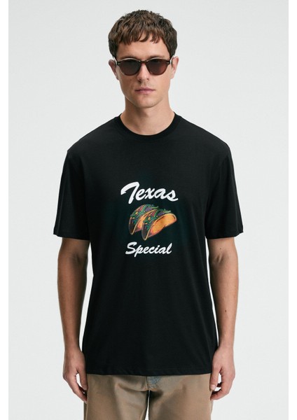 CRISP Erkek Oversize %100 Pamuk Baskılı Yuvarlak Yaka Siyah T-Shirt modelleri